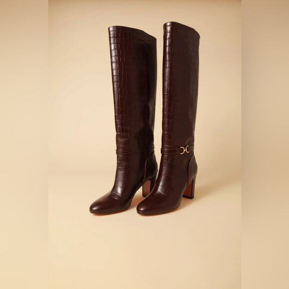 ROUJE PARIS Loana Croco Chocolat Heeled Riding Boots 37 - Picture 3 of 14